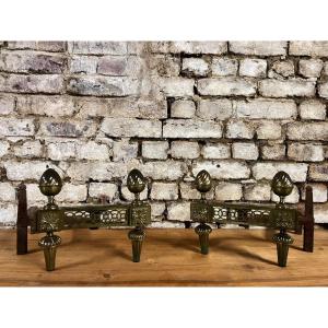 Pair Of Bronze Andirons Stamped Bouhon Frères In Louis XVI Style