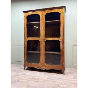 Louis XV Style Marquetry Glass Bookcase XIX Eme Century