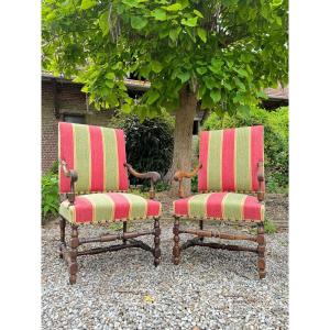 Pair Of Louis XIII Style Walnut Flat Back Armchairs 