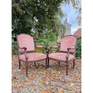Pair Of Louis XVI Style Mahogany Flat Back Armchairs, 19th Century