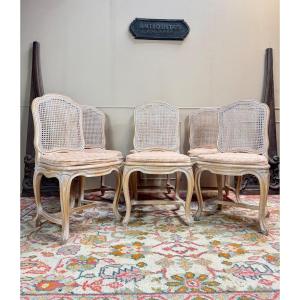 Set Of Six Louis XV Style Lacquered Wooden Caned Chairs