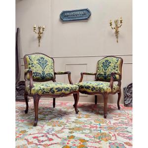 Pair Of Louis XV Style Walnut Armchairs, 19th Century 