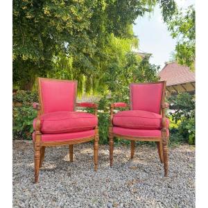 Pair Of Walnut Armchairs From The Directoire Period, 18th Century 
