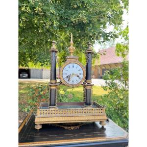 Louis XVI Period Gilded And Blackened Wooden Portico Clock 
