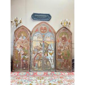 19th Century Neo-gothic Style Canvas Triptych Screen 