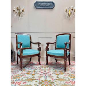 Pair Of Mahogany Armchairs From The 19th Century Restoration Period 
