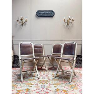 Set Of Four Folding Chairs In Lacquered Wood, Louis XVI Style 