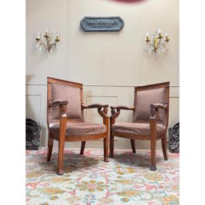 Pair Of Mahogany Officer's Armchairs In The Empire Style, Egyptian Revival