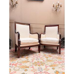 Pair Of Mahogany Bergères In The Empire Style 19th Century