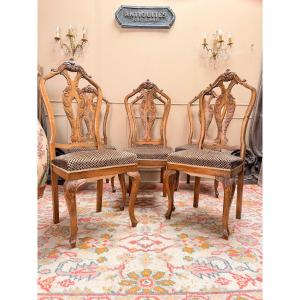 Suite Of Six Chairs In Natural Wood In The Chippendale Style XIX Eme Siècle