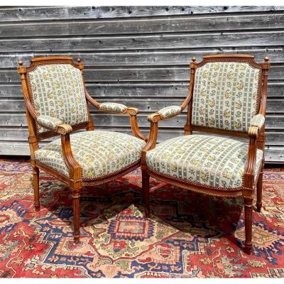 Pair Of Armchairs In Natural Wood Louis XVI Style XIX Eme Century