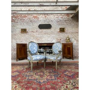 Pair Of Medallion Armchairs In Lacquered Wood Louis XVI Style XIX Eme Century