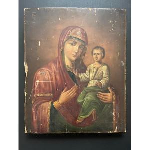 19th Century Greek Icon In Painted Wood - Virgin And Child