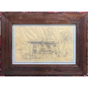 Narcissus Berchere - Orientalist Pencil Drawing On Brown Paper