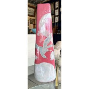 Ceramic - Delphin Massier - Vallauris - Large Pink Vase With Bird Decor - Circa 1900