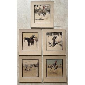 Set Of 5 Illustration Drawings - Canadian School - Western Type - Trochu Alberta
