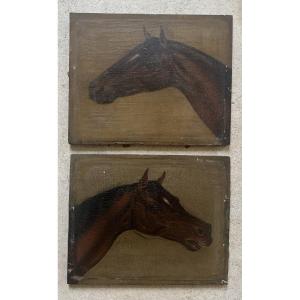 Two Portraits Of Thoroughbred Horses - French Or English School Of The XIXth Century - Oil On Panel