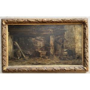 Oil On Panel XIXth - Interior Of A Barn - Signed Luigini - 1880