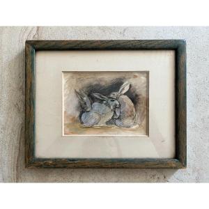 Jacques Simon - Rabbit Study - Watercolor Pencil And Gouache Highlights
