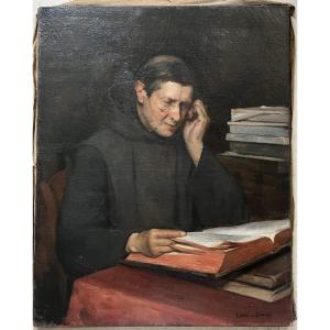 Large Oil On Canvas XIXth By Leon Carron - Monk Reading - Lyonnaise School