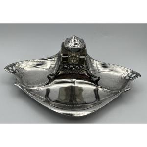 Art Nouveau Jugendstil Inkwell - Silver Plated Metal - Juventa Prima Metal - Circa 1900