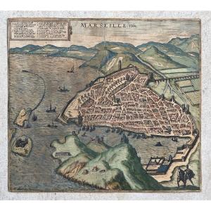 Rare - Map Of Marseille - Proof From 1560 - Watercolored - 16th Century