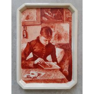 Ceramic Dish Painted By Willem Geets - Portrait Of His Wife In Their Workshop - 1885