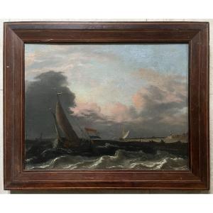 Oil On Canvas 17th Century - Dutch School - Marine - Sailboat Before The Dutch Coast