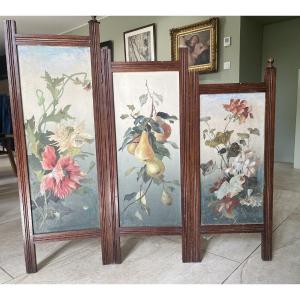 Small Three-fold Screen Or Fireplace Screen - Painting On Panel - 1900 