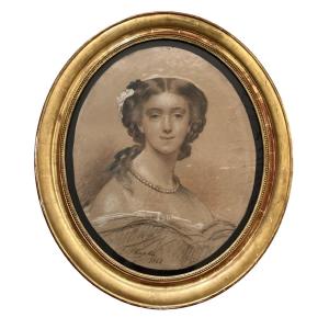 Charles Chaplin - Charcoal And Sanguine Drawing - Large Portrait Of A Woman - 1861