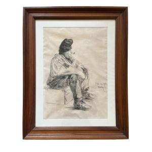 Ulysse Butin - Black Stone Drawing - Study Of A Fisherman