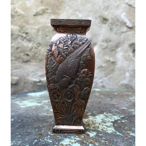 Copper Vase - Japan - Meiji Period - Pheasant And Flower Decor