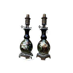 Impressionist Ceramics - Montigny-sur-loing - Pair Of Electrified Oil Lamps 