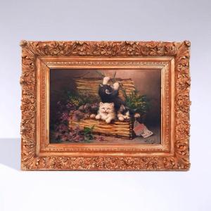 Oil Painting On Canvas Representing Four Kittens Signed Léon Huber