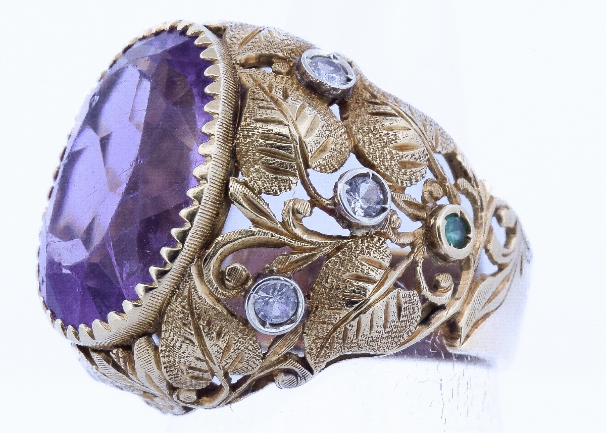 Anello Vintage Anni ’40 in Oro 18K con Ametista e Diamanti – Ametista da 10 Carati-photo-1