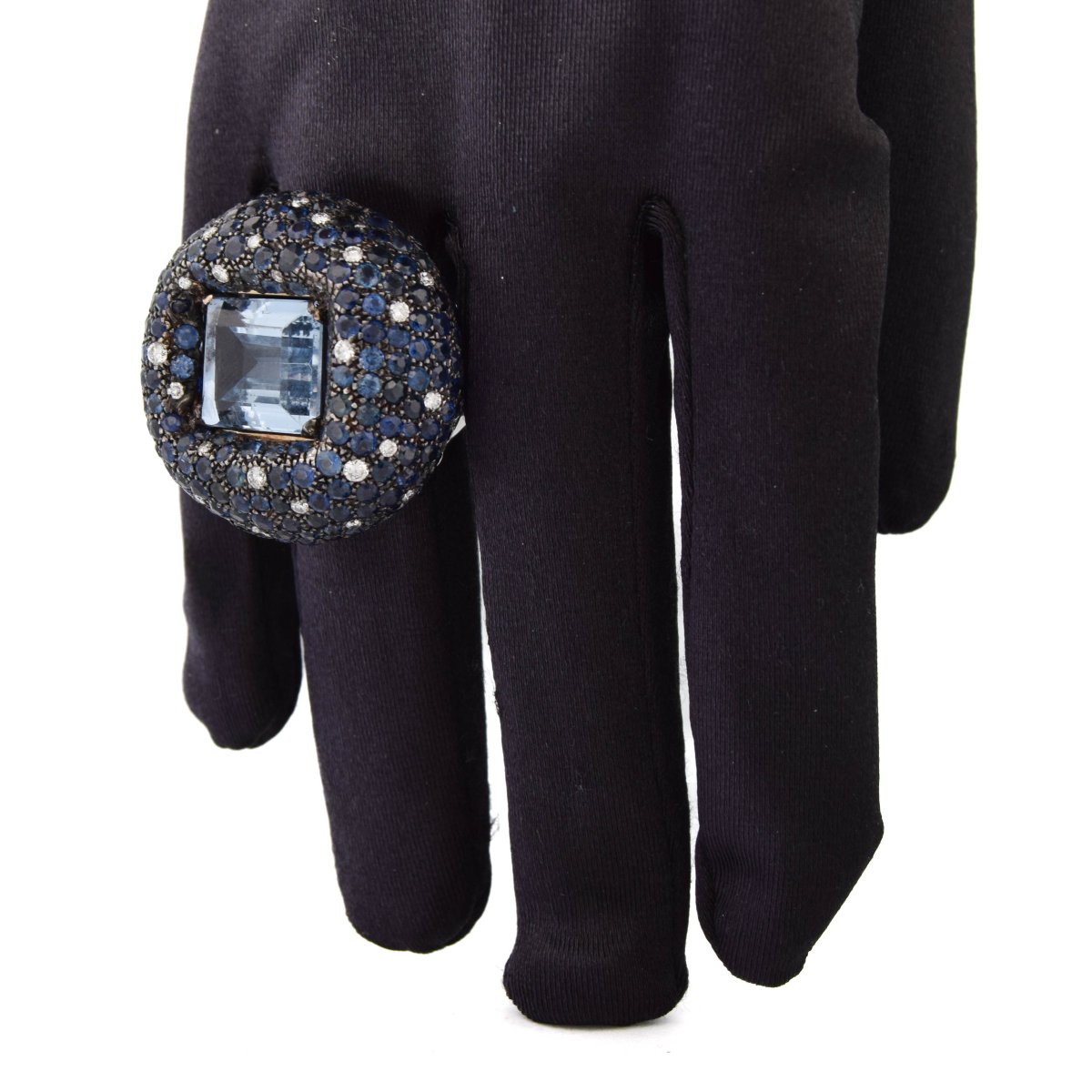 Importante anello cocktail in oro 18 kt con acquamarina, zaffiri e diamanti AN329 (00649)-photo-3