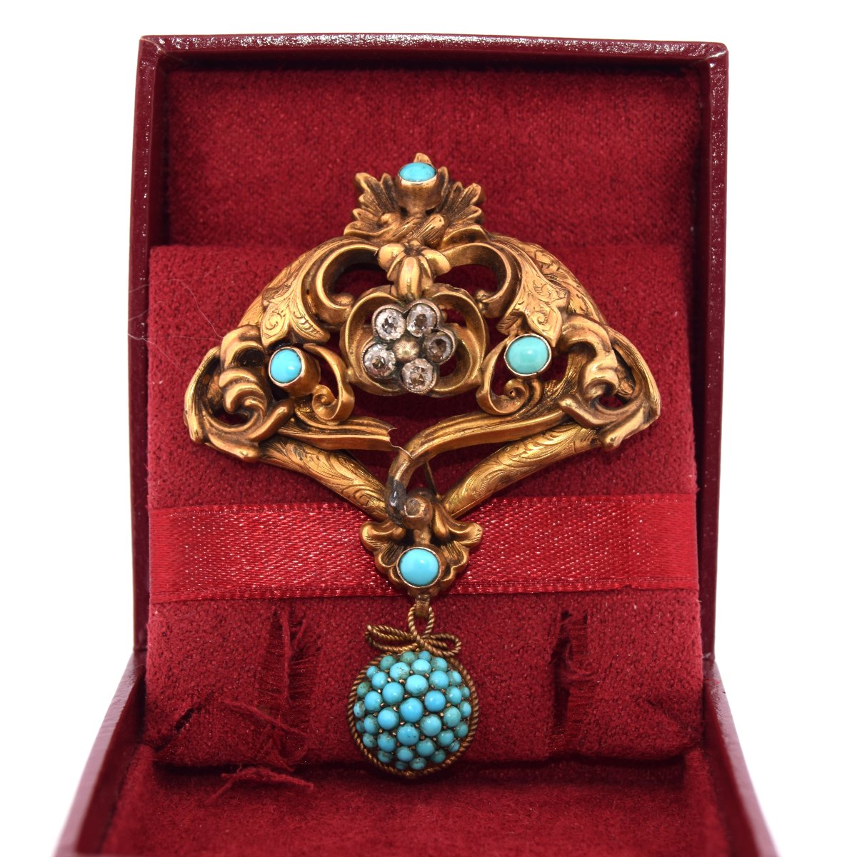 Spilla Antica in Oro 14 Carati con Turchesi e Diamanti Old Mine Cut-photo-3