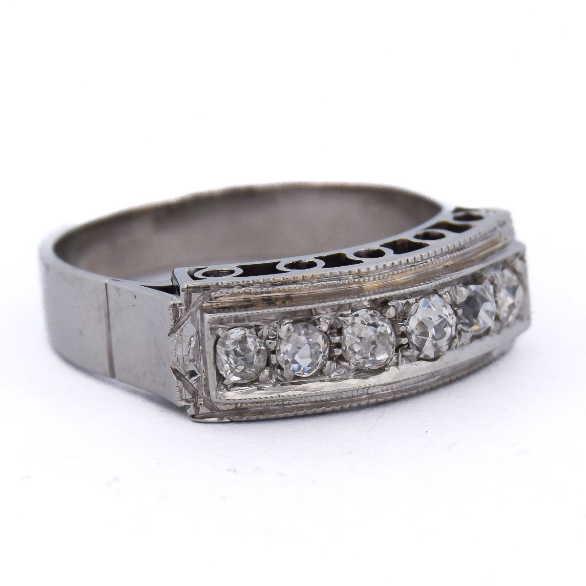 Anello Art Déco Oro Bianco 18 kt con Diamanti Taglio Antico-photo-3