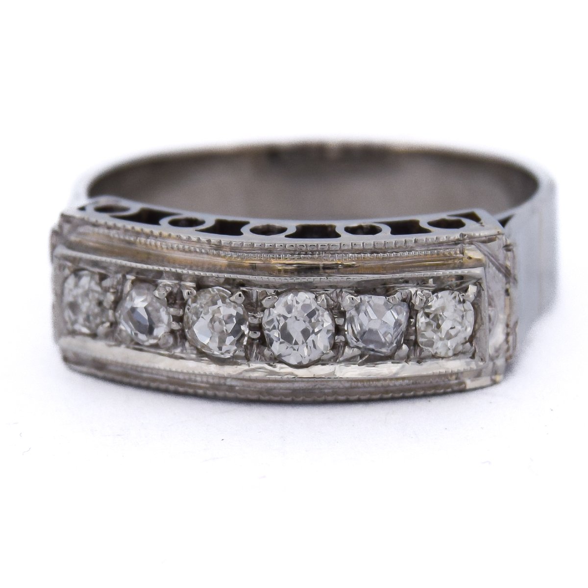 Anello Art Déco Oro Bianco 18 kt con Diamanti Taglio Antico-photo-4