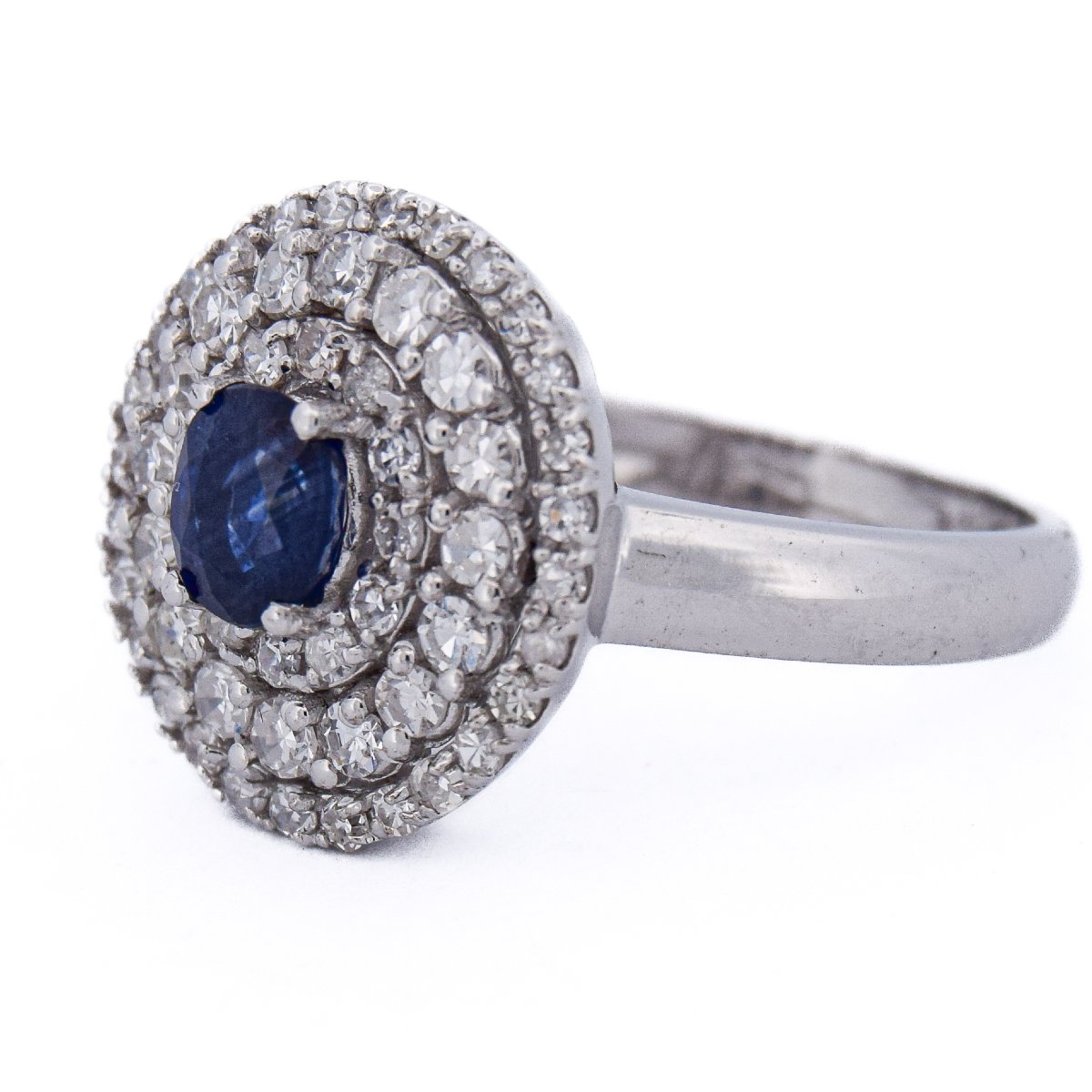 Anello Contemporaneo Oro Bianco 18 kt con Zaffiro e Diamanti Double Halo   AN551 (0089)-photo-4