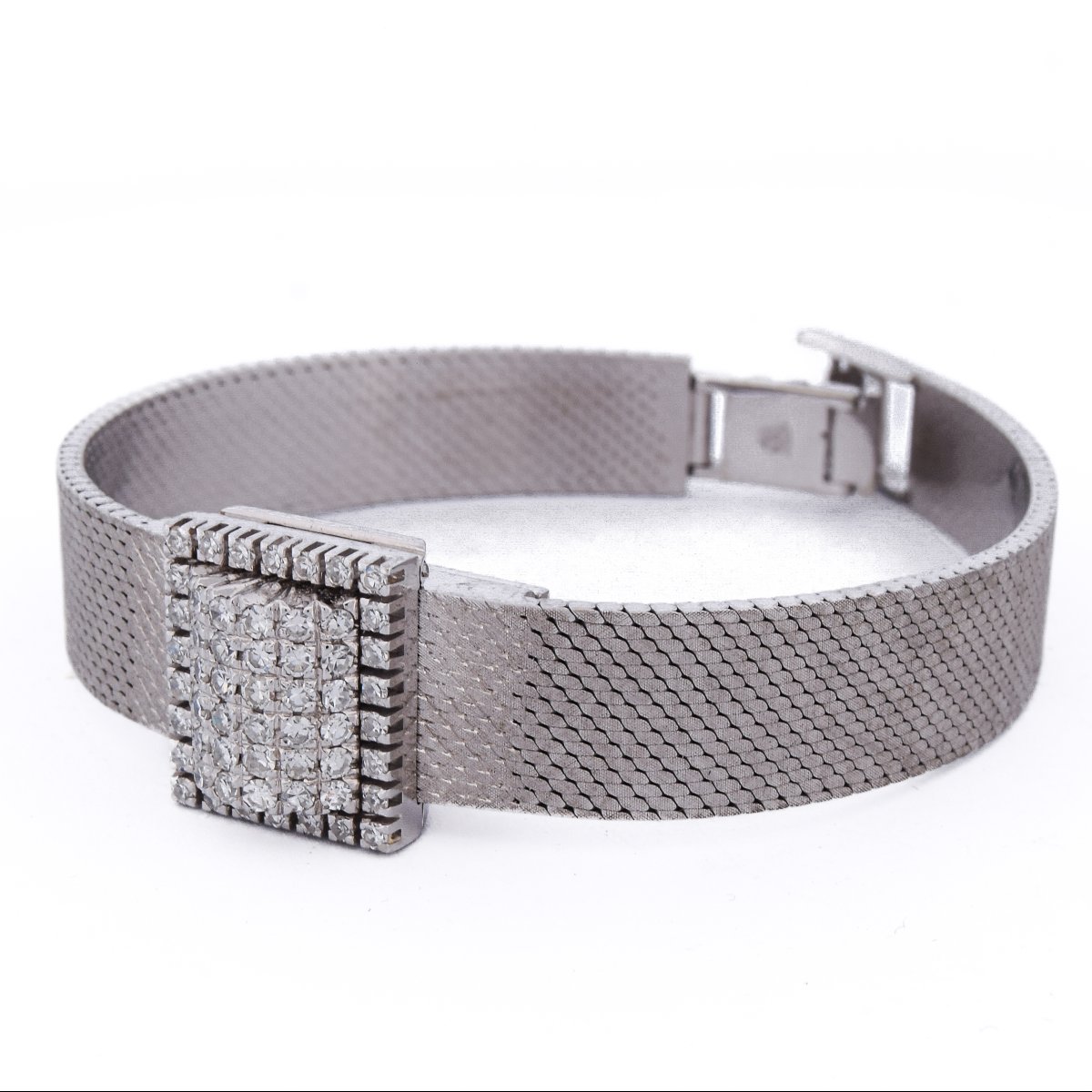 Bracciale orologio vintage in oro bianco 18 carati con diamanti-photo-7
