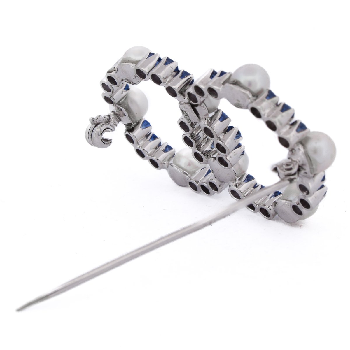 Spilla vintage in oro bianco 18 kt con zaffiri e perle    SP12 116-32 (5839)-photo-3