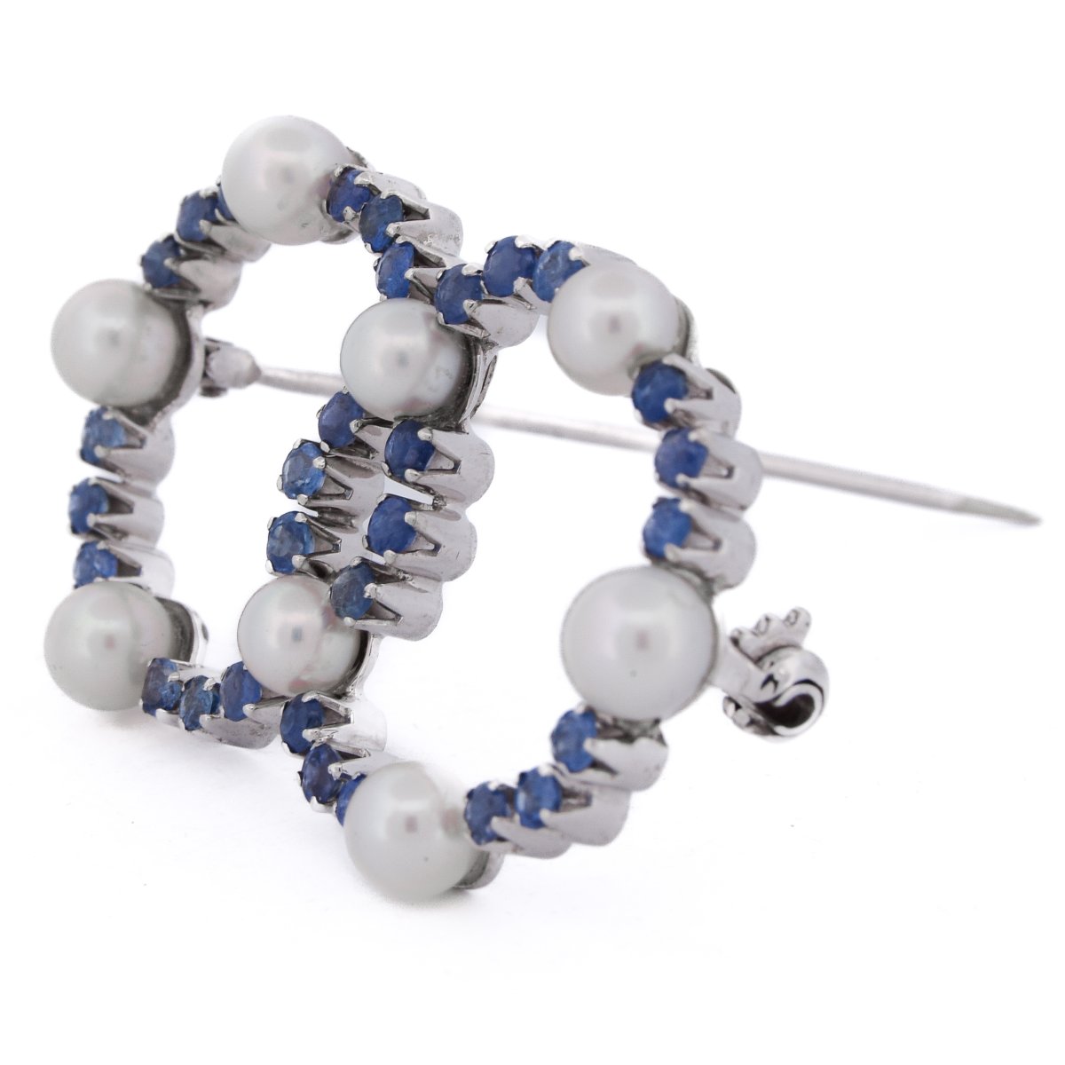 Spilla vintage in oro bianco 18 kt con zaffiri e perle    SP12 116-32 (5839)-photo-1