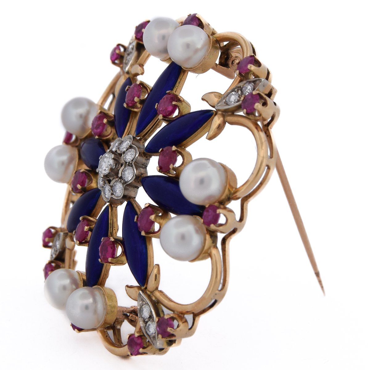 Spilla vintage in oro 18 kt con rubini, diamanti e smalto    SP15 116-35 (05329)-photo-4