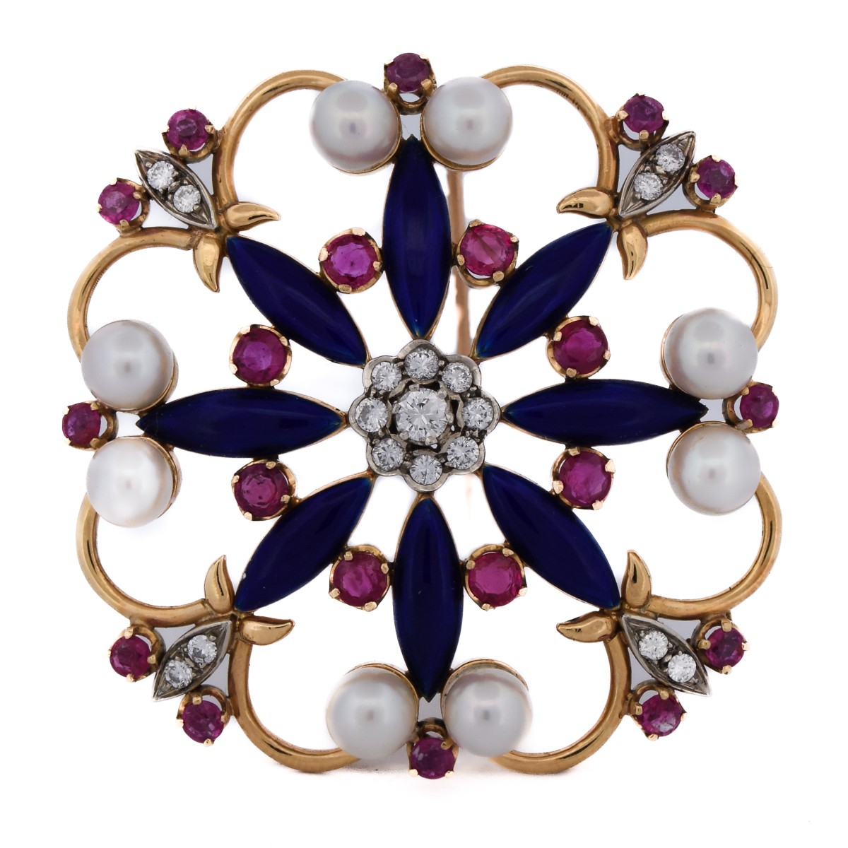 Spilla vintage in oro 18 kt con rubini, diamanti e smalto    SP15 116-35 (05329)