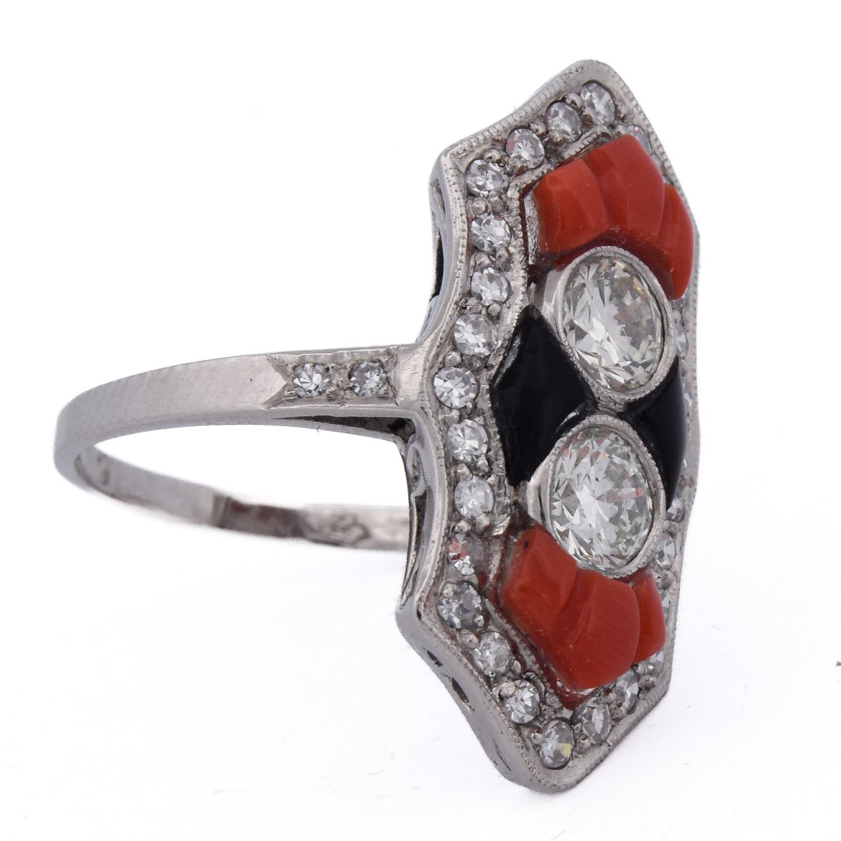 Anello Art Déco in Platino Diamanti Corallo Onice   AN613 P22 (05519)-photo-2