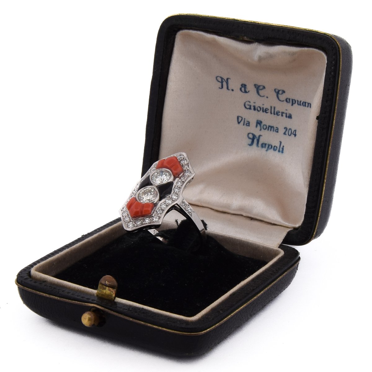 Anello Art Déco in Platino Diamanti Corallo Onice   AN613 P22 (05519)-photo-4