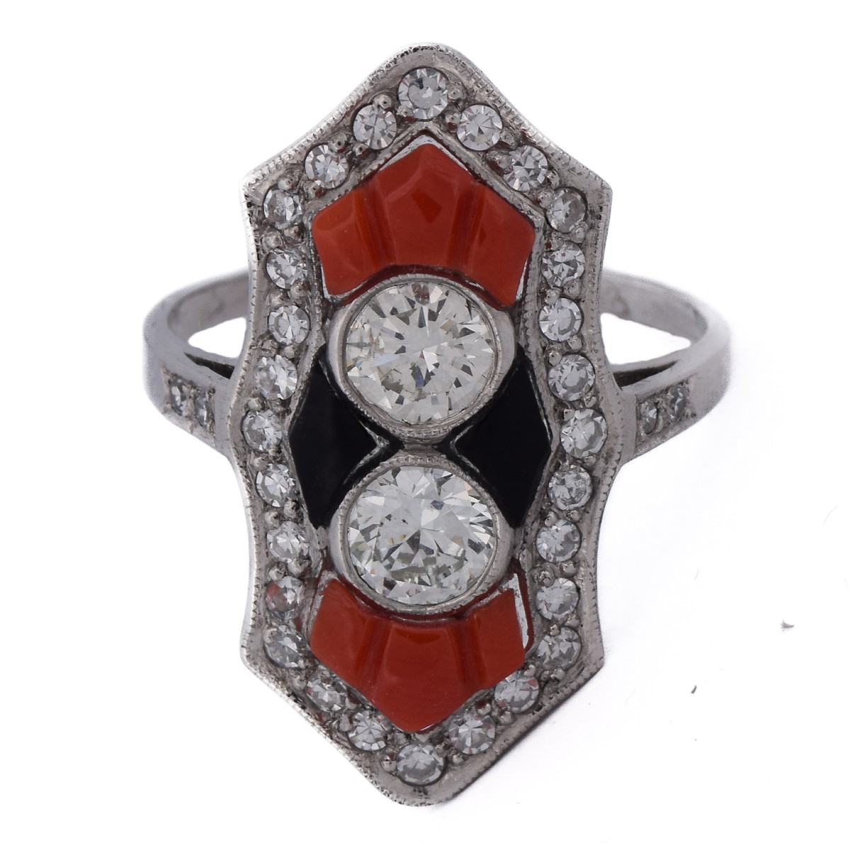 Anello Art Déco in Platino Diamanti Corallo Onice   AN613 P22 (05519)
