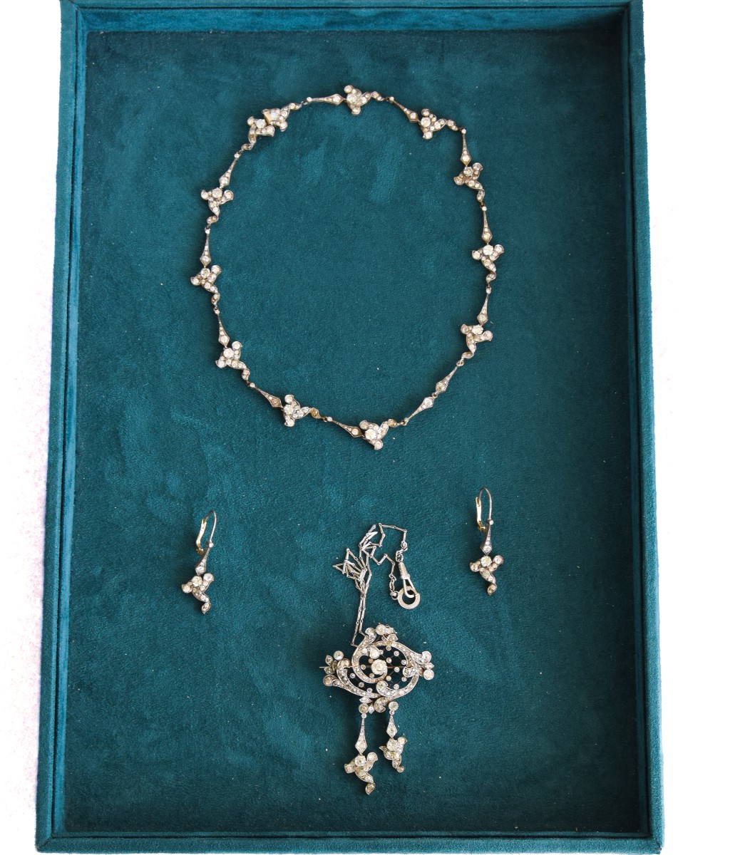 Importante Parure Edwardiana In Platino 950 E Oro 18 KT Con Diamanti Taglio Antico     PR3 