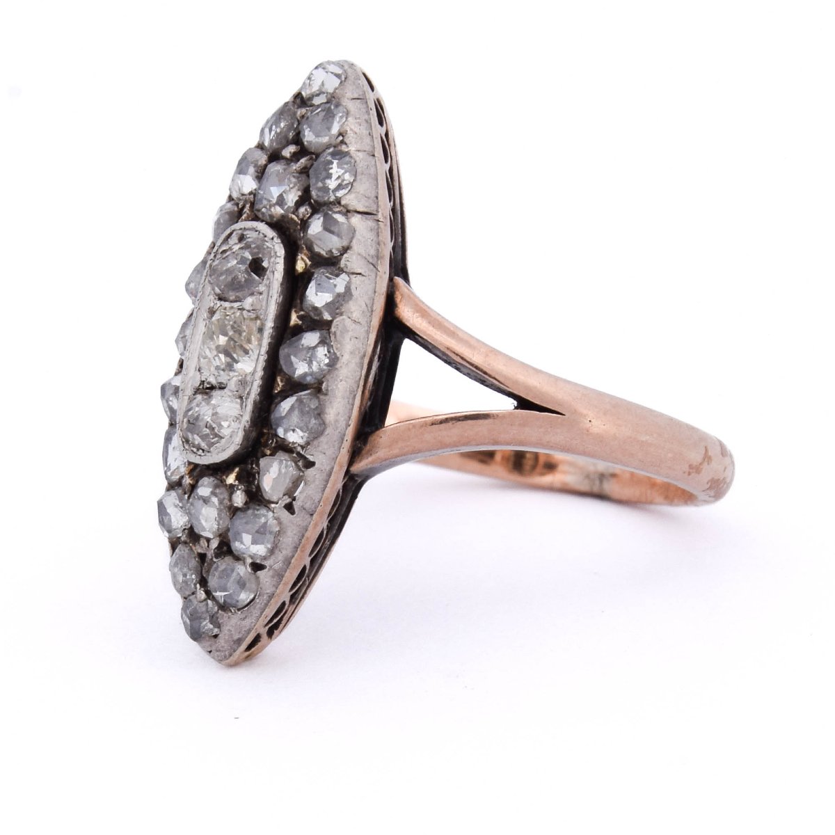 Anello Vittoriano In Oro 12 Kt E Argento Con Diamanti Taglio Rosa    AN634 (0559)-photo-2